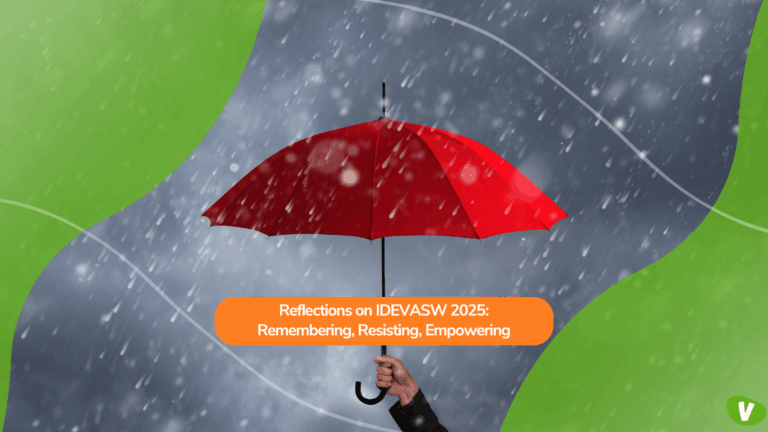 A hand holding a red umbrella in the rain, symbolising sex worker rights. A green graphic overlay frames the image, with an orange text box reading ‘Reflections on IDEVASW 2025: Remembering, Resisting, Empowering.’