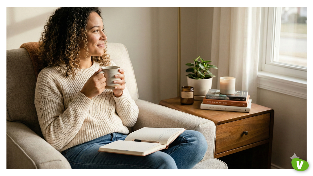 A woman sits comfortably in an armchair by a window, holding a mug and smiling. An open journal rests on her lap. A side table beside her holds stacked books, a candle, and a potted plant, creating a calm, cosy environment.