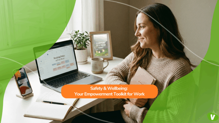 A woman sits at her desk with a laptop open to a “Booking Policy” planning page. She holds a journal and smiles while working. A phone, notebook, mug, and a framed quote reading “Everyday Is a Fresh Start” are on the desk. Overlaid text reads: “Safety & Wellbeing: Your Empowerment Toolkit for Work.”