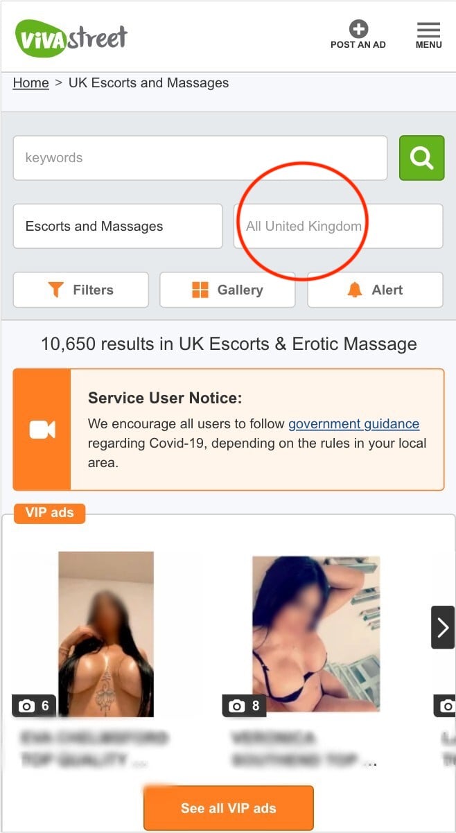 Location search bar on Vivastreet's Escorts & Massages page